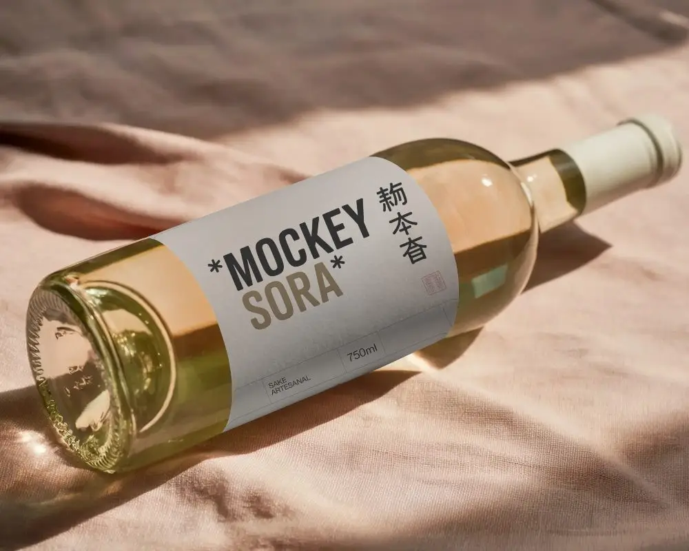 Elegant Glass Wine Bottle Mockup Laying On Textured Fabric Background For Branding