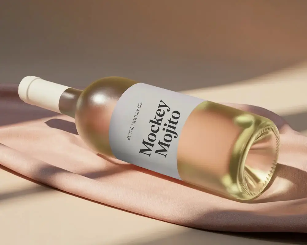 Classic Wine Bottle Mockup With Elegant Label On Soft Fabric For Product Presentation