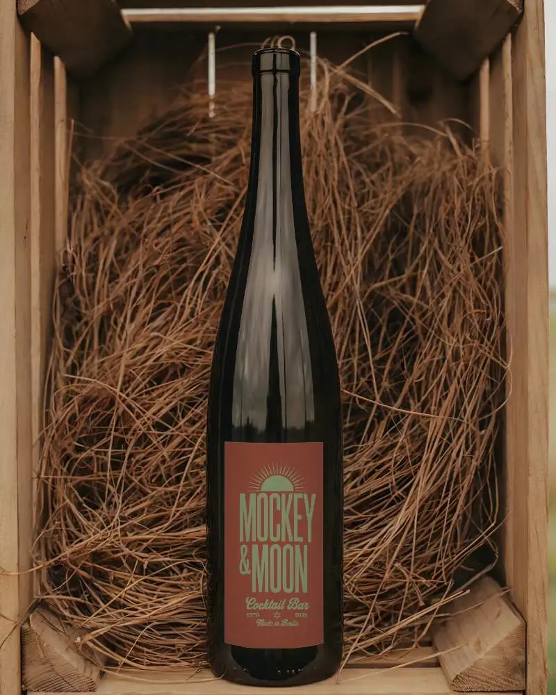 Elegant Wine Bottle Mockup In Wooden Crate With Natural Straw Packaging Design Template