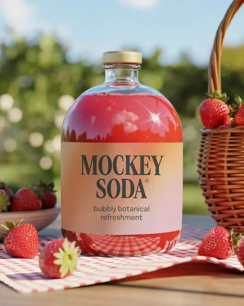 Strawberry Juice Bottle Mockup With Clear Label On Wooden Table Outdoor Setting