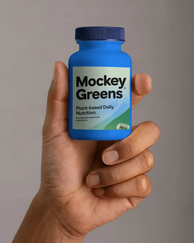 Realistic Compact Plastic Bottle Mockup Held In Hand For Supplement Packaging