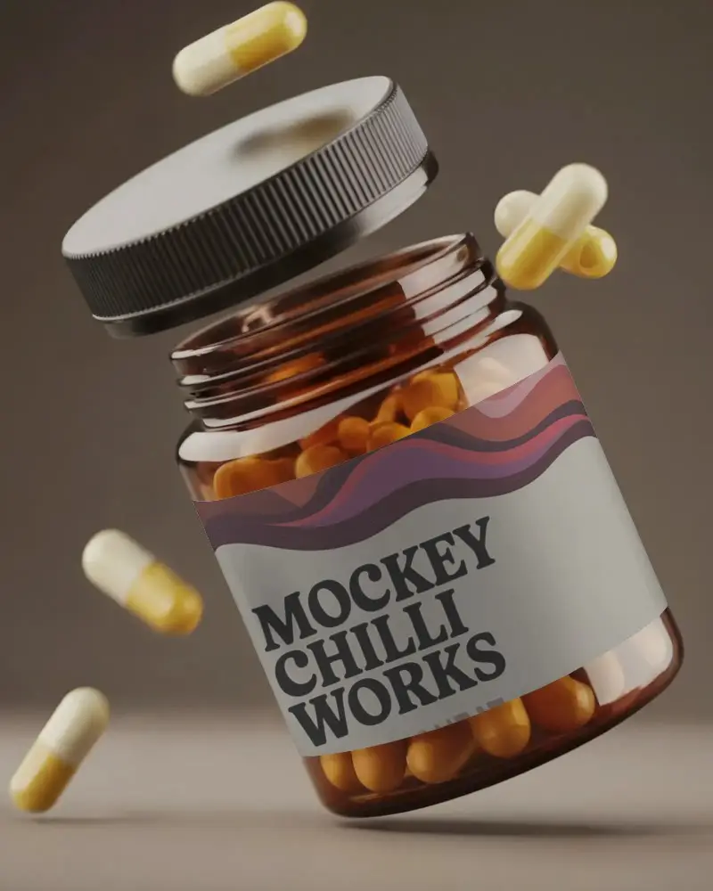 Medicine Capsule Bottle Mockup With Flying Pills For Branding And Label Design Use
