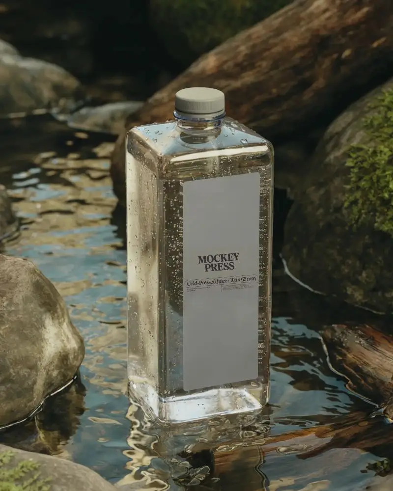 Clear Square Water Bottle Mockup Floating Natural River Environment High Quality Display