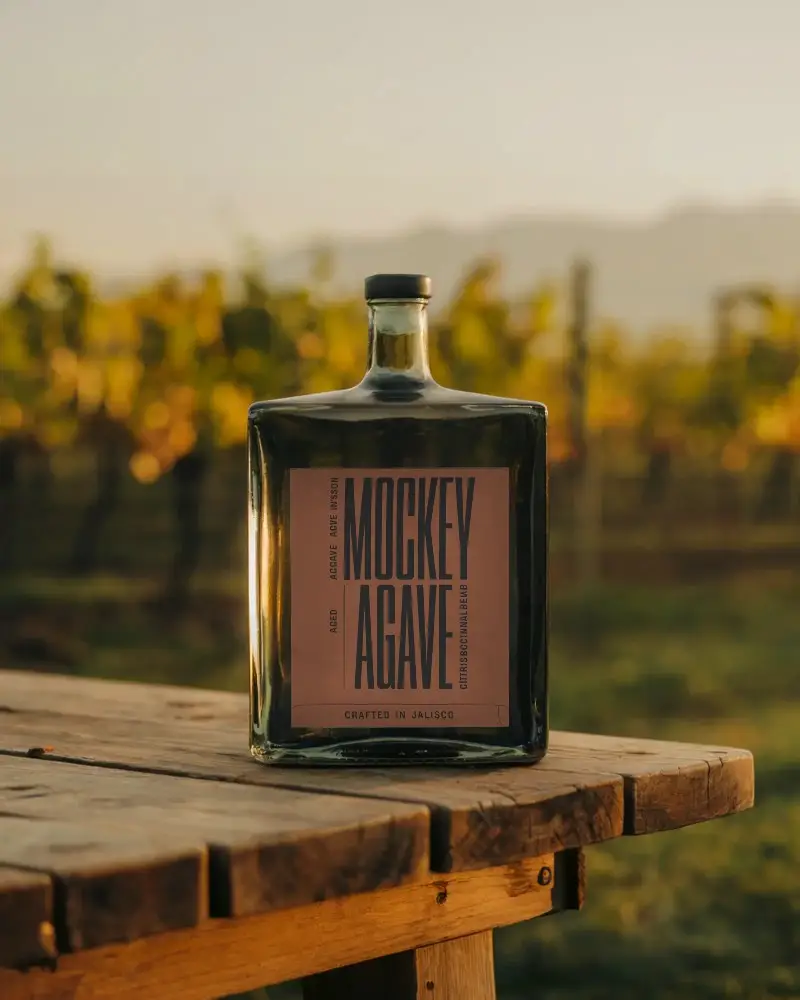 Premium Clear Bottle Mockup Ideal For Spirit Packaging On Wooden Table Vineyard Sunset View