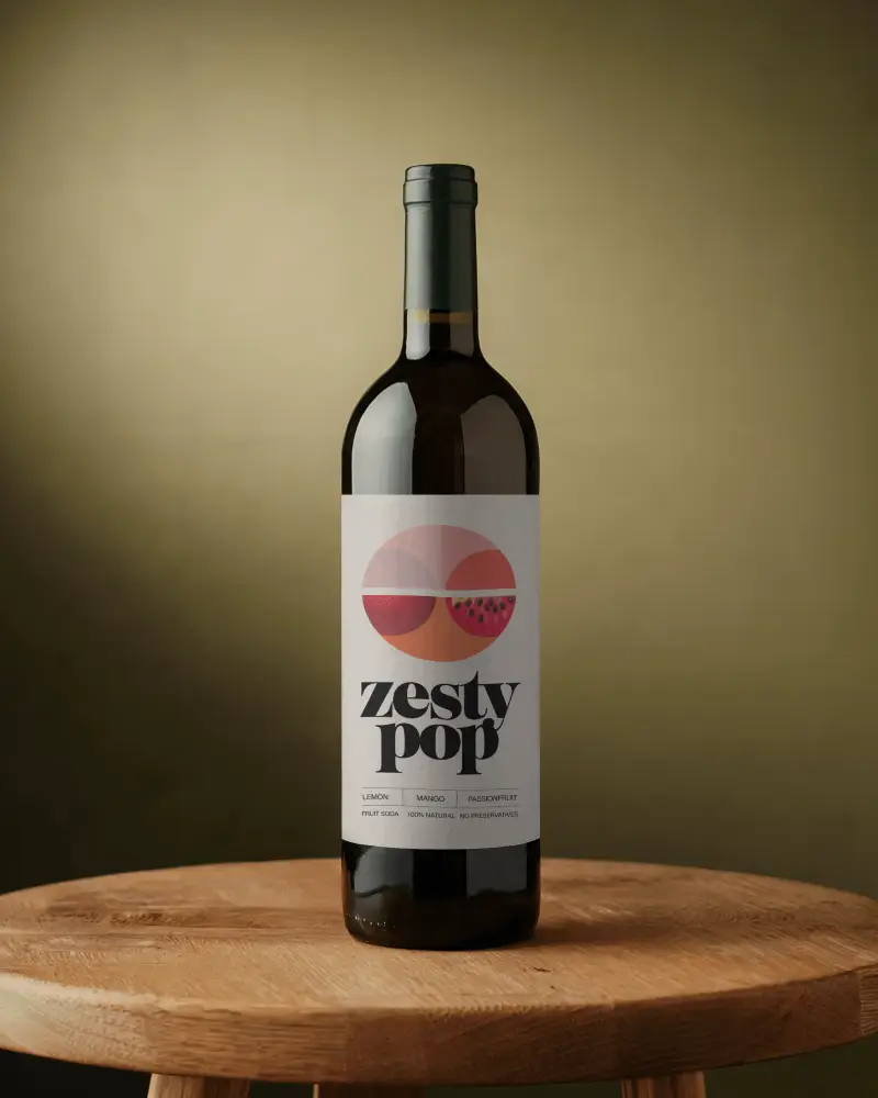 Wine Bottle Mockup Dark Glass With Label On Wooden Stool Warm Studio Lighting Premium Style