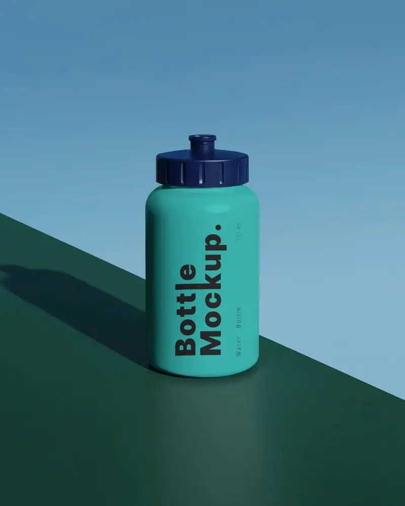 Sports Bottle Mockup Plastic Drink Container Blue Cap On Colorful Background Outdoor Style