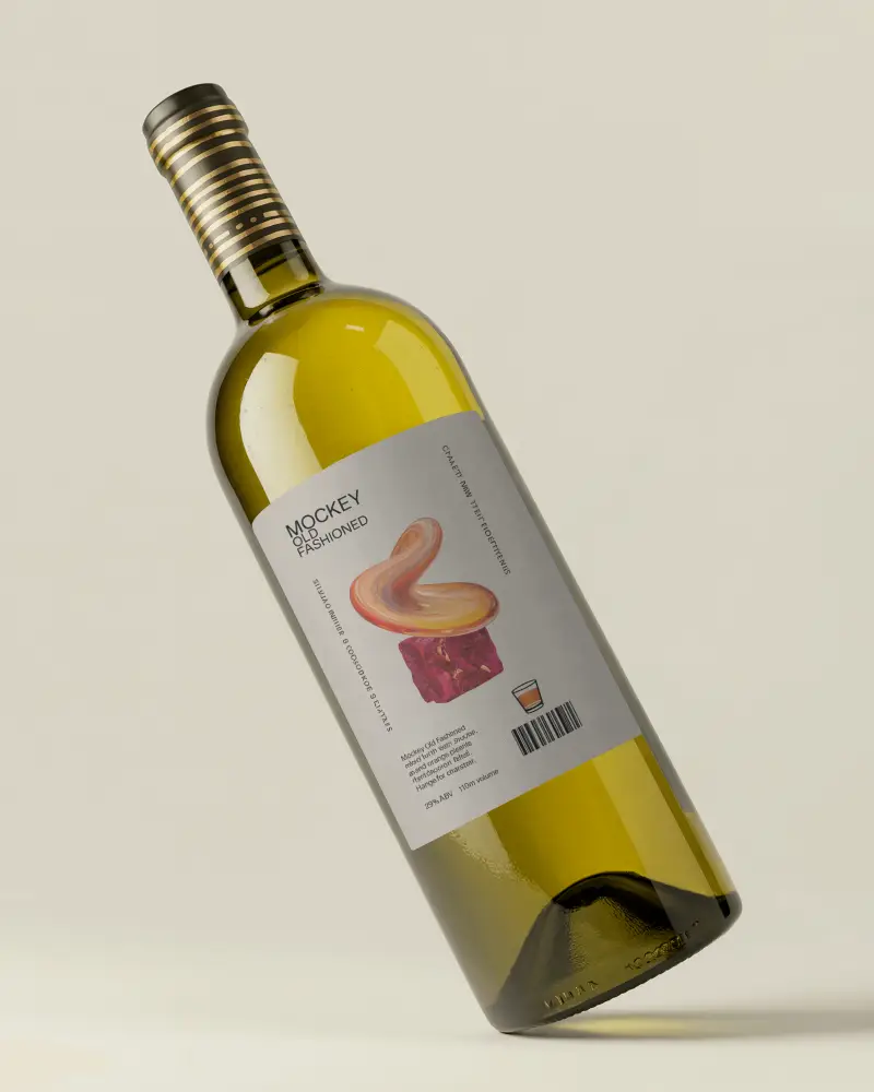 Tilted Wine Bottle Mockup Yellow Glass With Label Floating On Soft Beige Background Luxury
