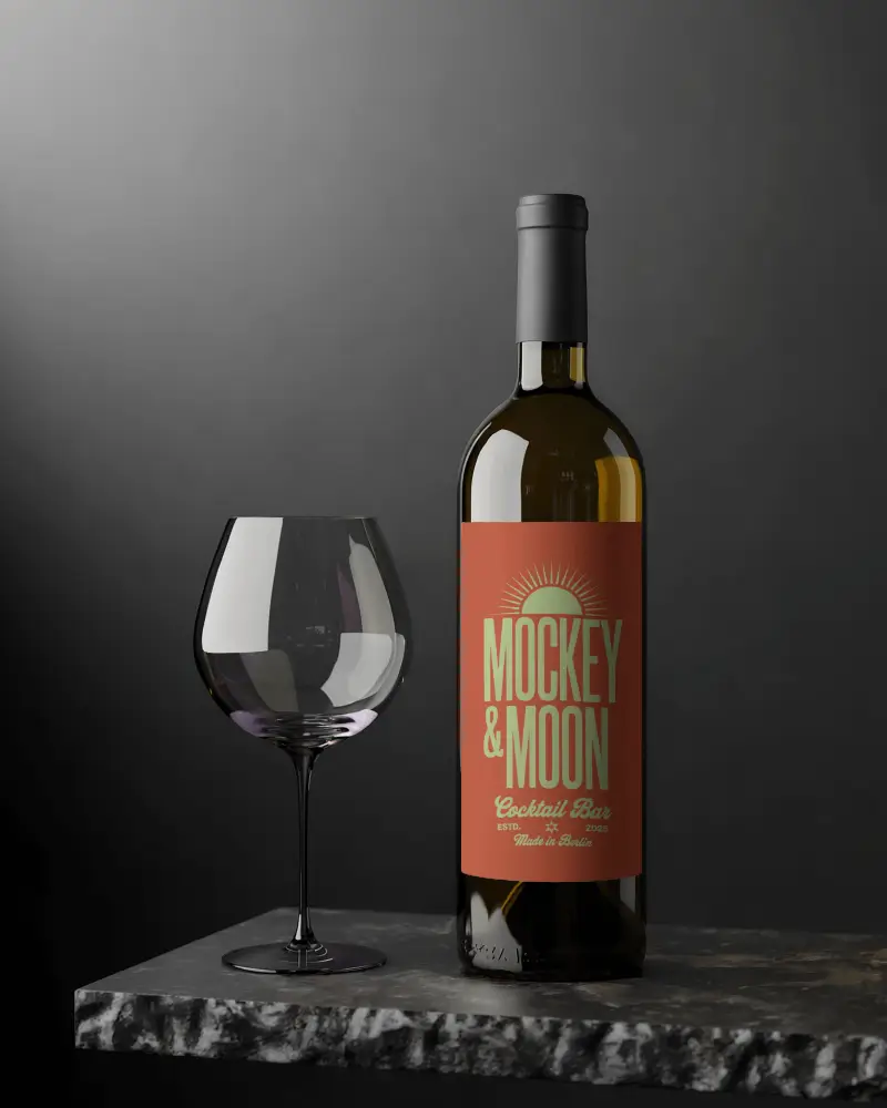 Elegant Wine Bottle Mockup With Glass On Dark Marble Table Stylish And Premium Look