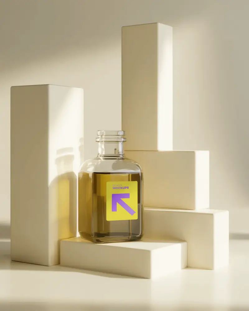 Luxury Bottle Mockup On Geometric Pedestal Soft Golden Lighting High End Visual