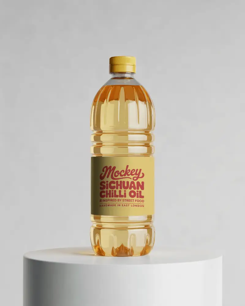 Plastic Oil Bottle Mockup On White Podium With Yellow Cap Clean And Realistic Product Shot