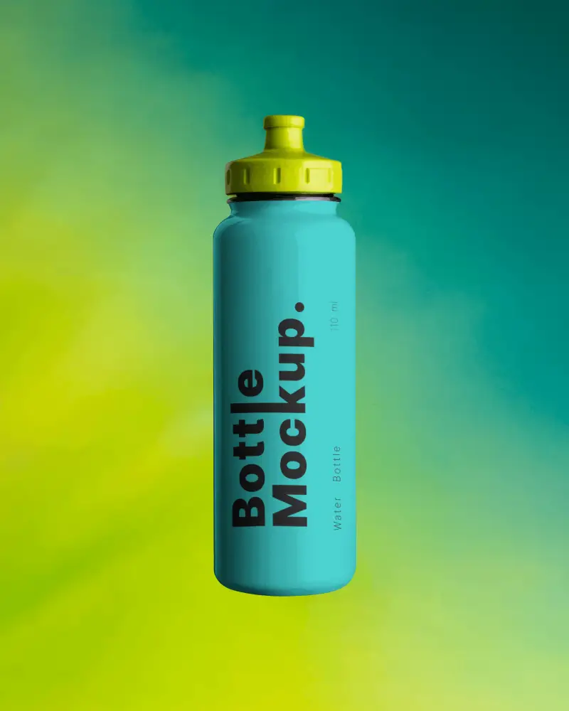 Sporty Water Bottle Mockup Floating Against Green Yellow Gradient Background Dynamic Style