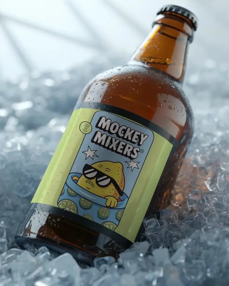 Realistic Bottle Mockup On Ice Refreshing Cold Drink Packaging Display