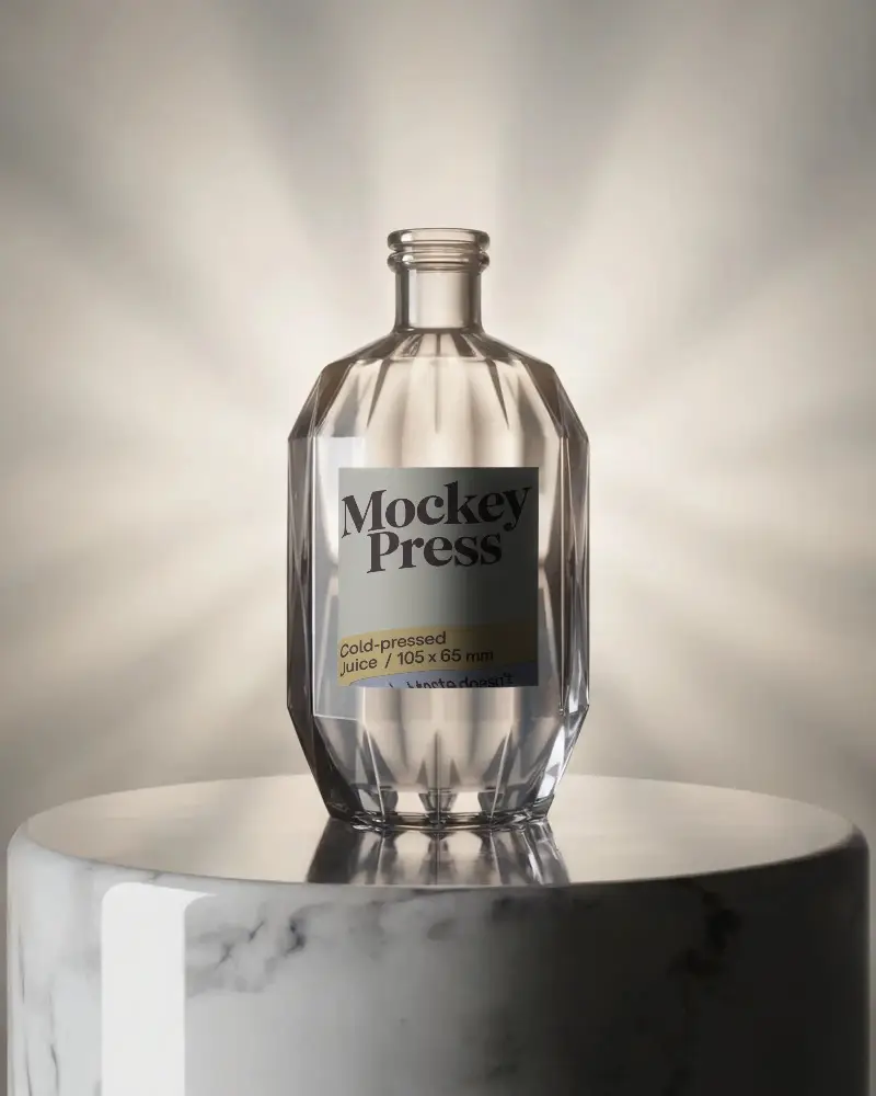 Crystal Clear Glass Bottle Mockup With Faceted Surfaces And Black Label On Marble Pedestal