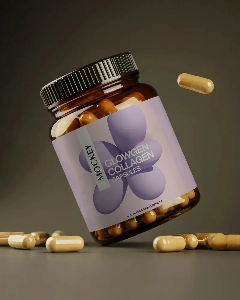Medical Supplement Bottle Mockup With Scattered Capsules Floating Around Container