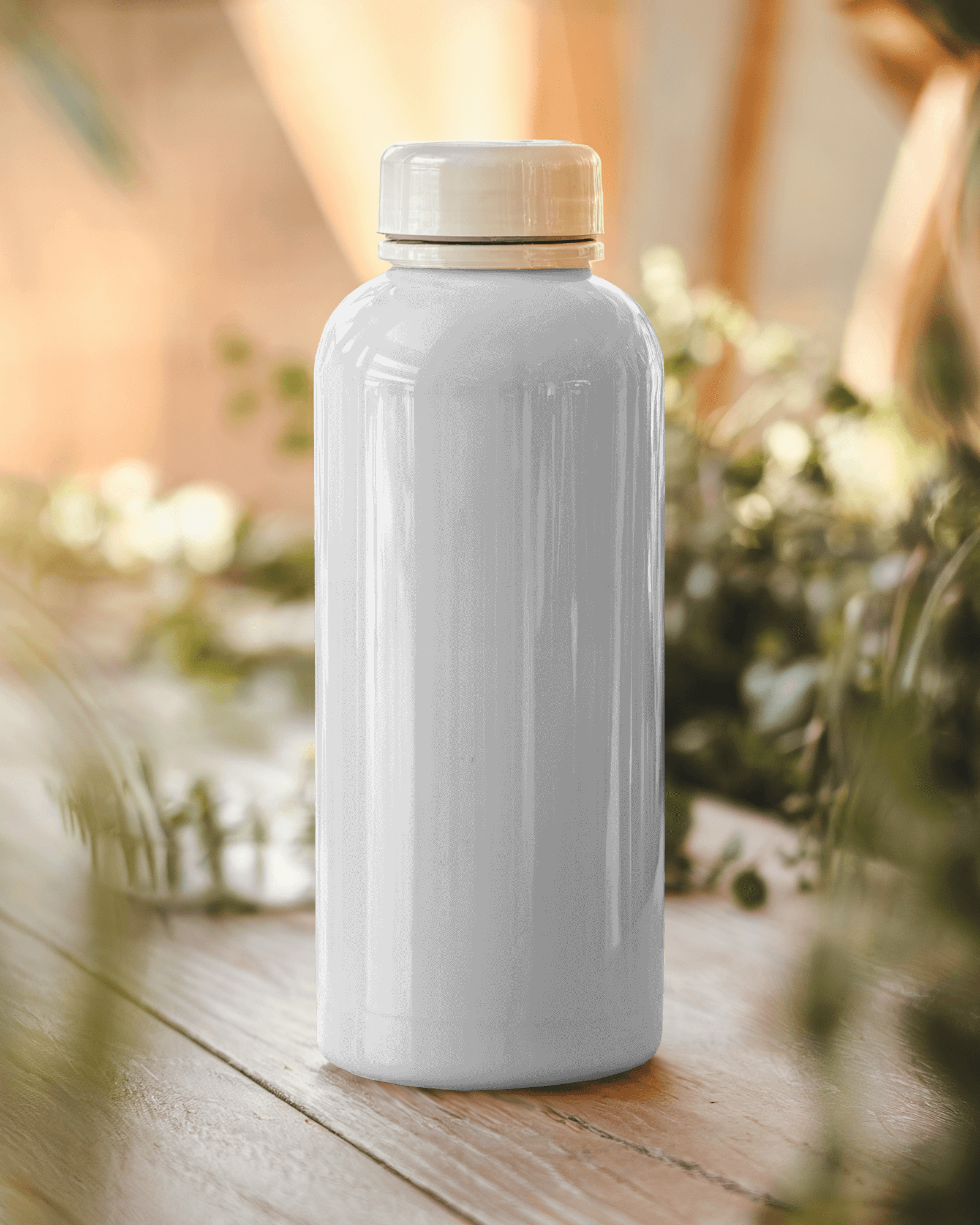Glossy White Bottle Mockup On Rustic Wooden Table With Warm Sunlight And Greenery Cozy And Natural Vibe 039