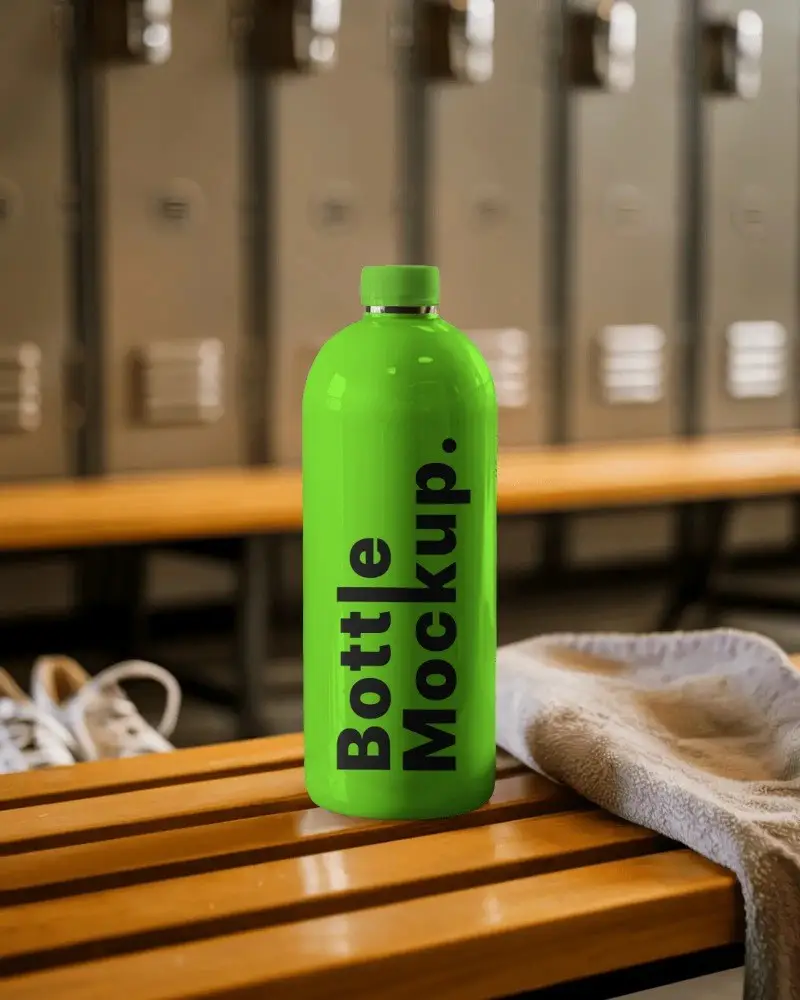 Sports Water Bottle Mockup On Gym Bench With Towel For Refreshing Hydration Promotion