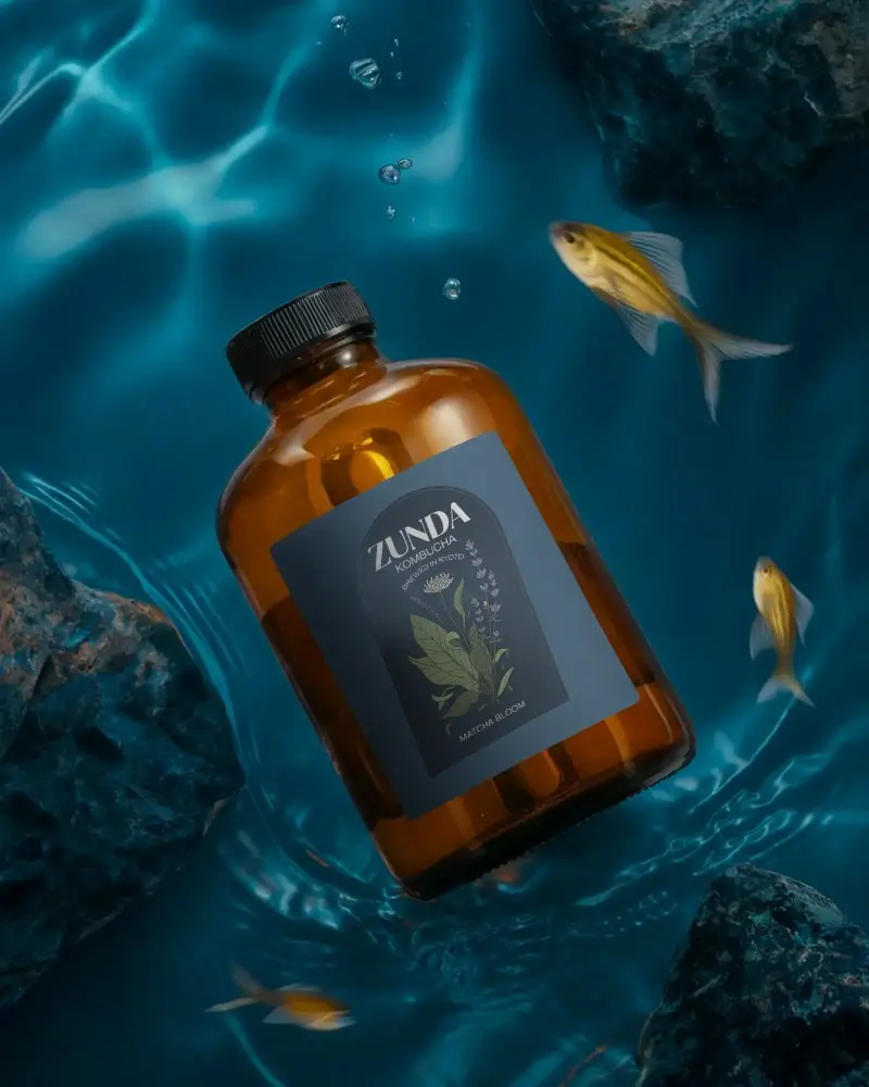 Realistic Amber Bottle Mockup With Black Label Floating Underwater Amidst Natural Rocks And Fish