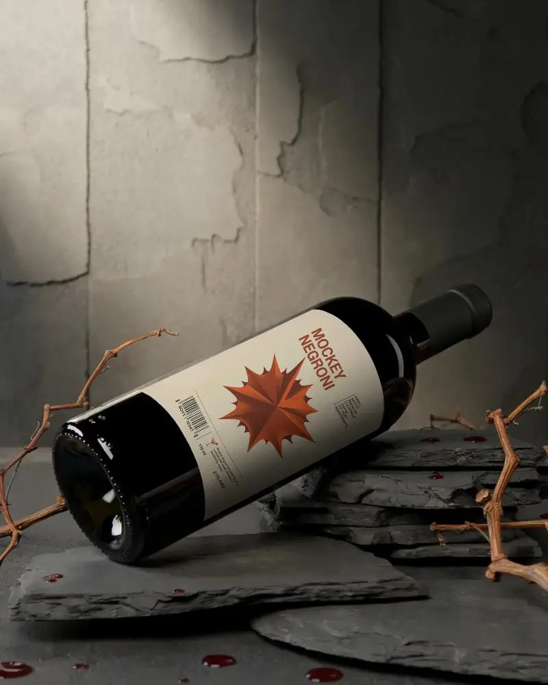 Elegant Wine Bottle Mockup On Natural Slate Stone With Withered Vine Branches