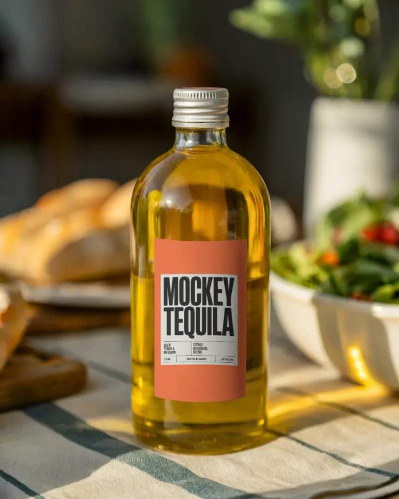 Golden Oil Bottle Mockup On Dining Table With Salad And Bread In Natural Sunlight