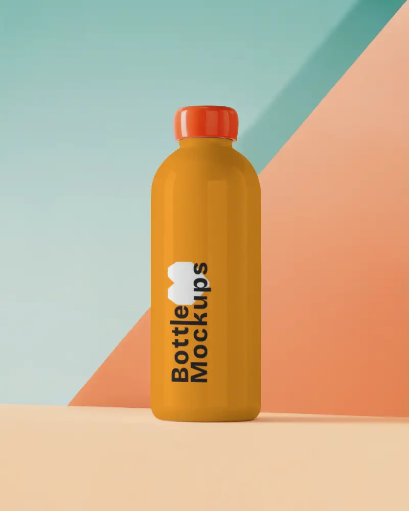 Modern Water Bottle Mockup With Orange Cap On Pastel Geometric Background
