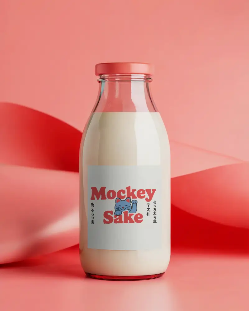 Minimalist Milk Bottle Mockup With Red Cap On Soft Pink Background
