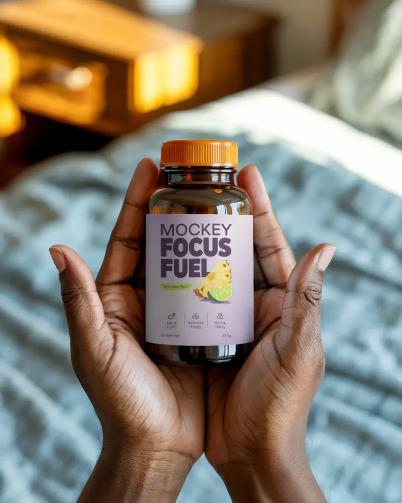 Supplement Bottle Mockup Held In Hands With Warm Morning Sunlight