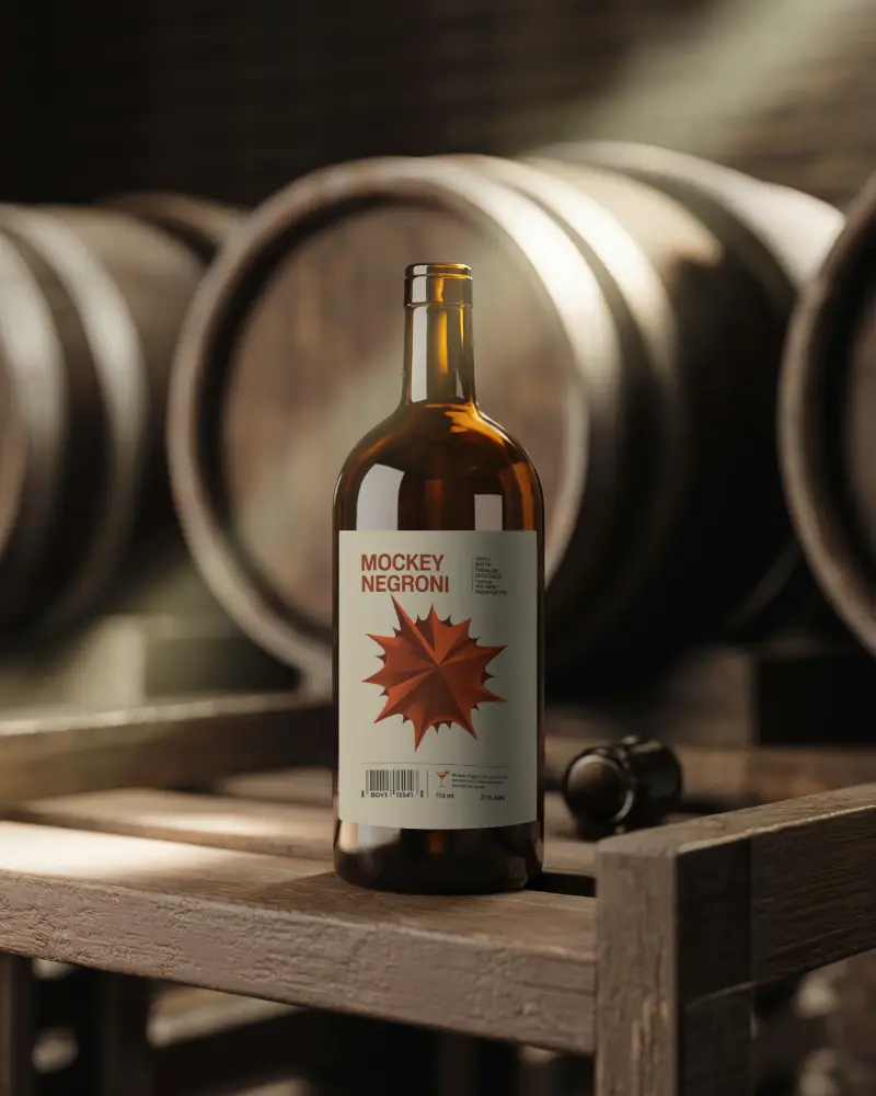 Whiskey Bottle Mockup In Rustic Barrel Room With Vintage Wooden Surface