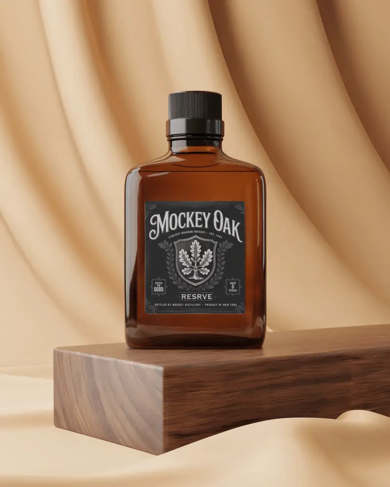 Amber Bottle Mockup On Wooden Block With Draped Beige Fabric Backdrop