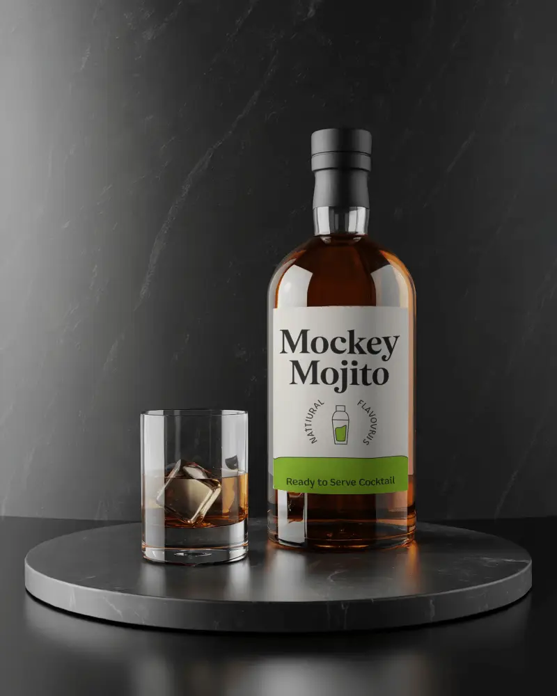 Premium Whiskey Bottle Mockup With Glass And Ice On Dark Marble Surface