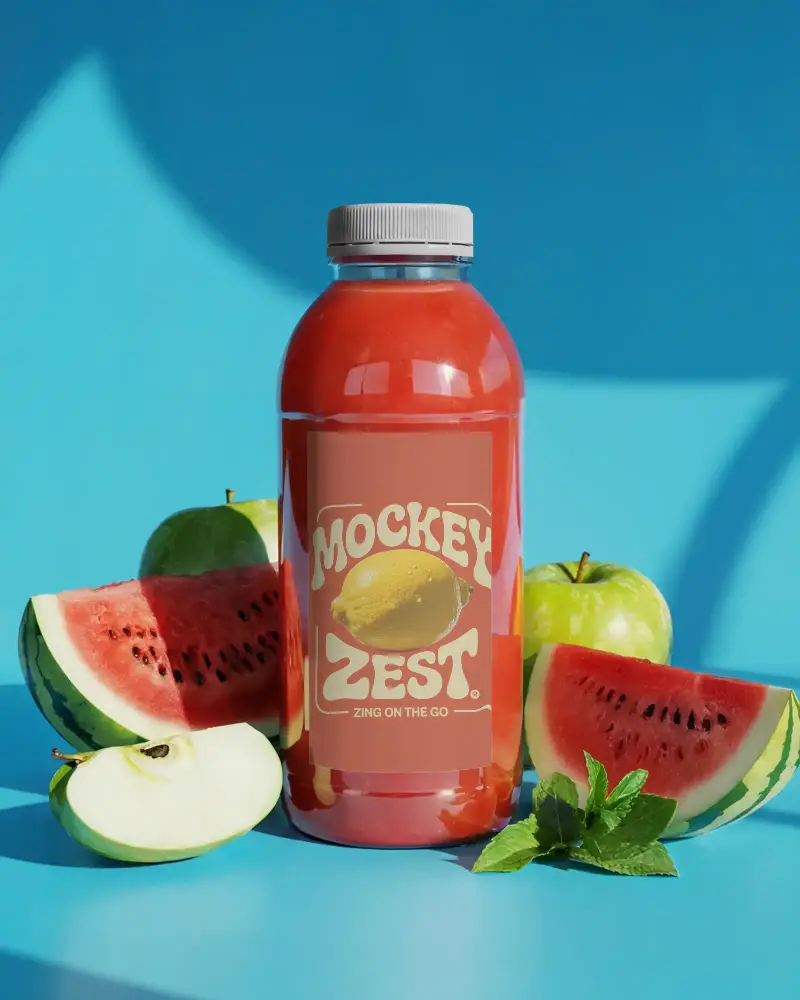 Refreshing Watermelon Juice Bottle Mockup With Fresh Fruit Slices And Mint Leaves Setup