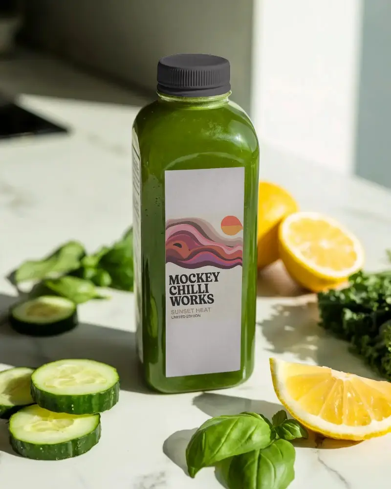 Fresh Green Juice Bottle Mockup With Natural Ingredients And Blank Label Design Template