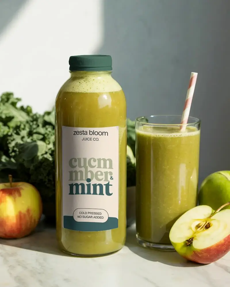 Fresh Green Smoothie Bottle Mockup With Clear Label And Organic Apple Nature Background