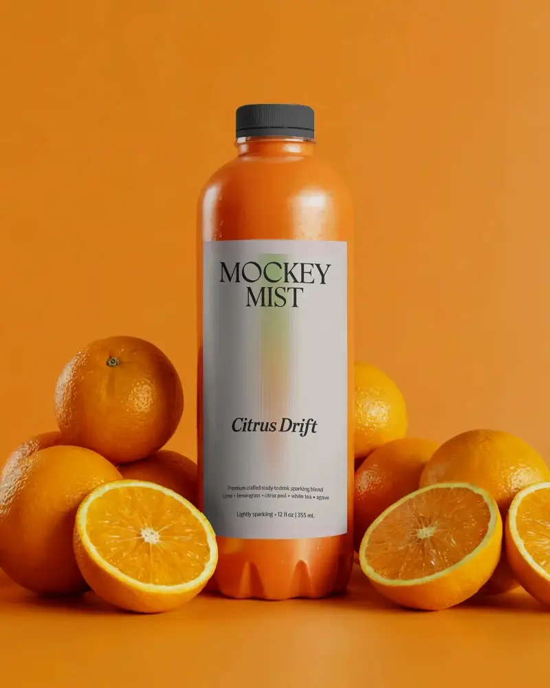 Fresh Citrus Fruit Beverage Bottle Mockup For Natural Juice Packaging And Label Design Presentation