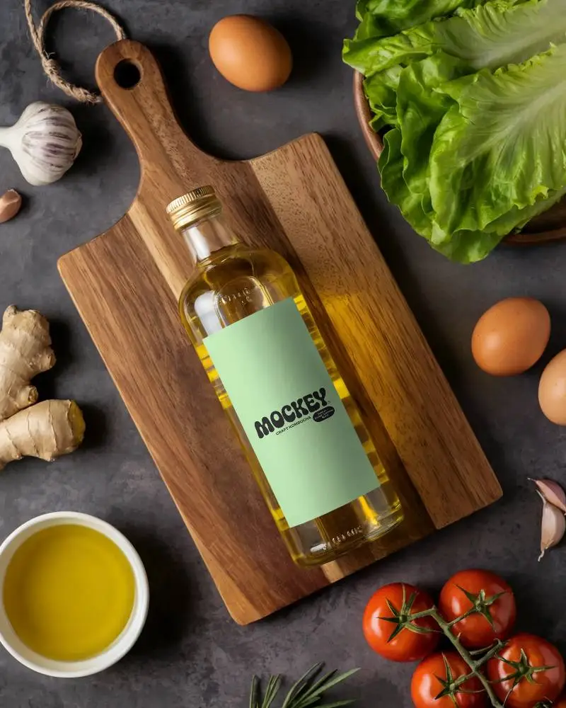 Glass Bottle Mockup With Blank Label On Wooden Cutting Board For Olive Oil Packaging