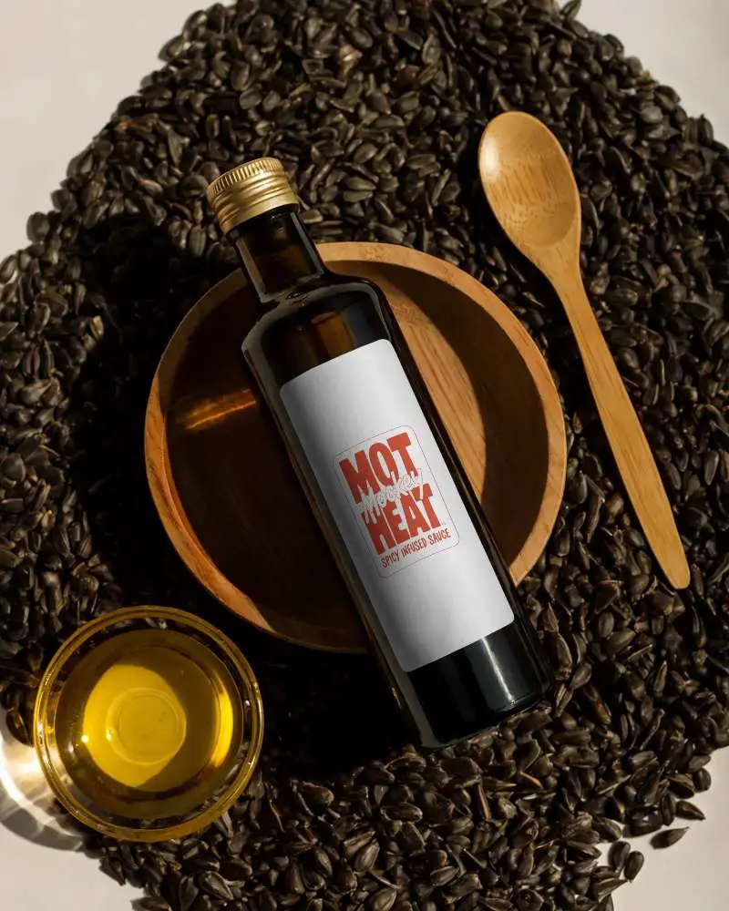 Realistic Oil Bottle Mockup With Wooden Bowl Spoon And Sunflower Seeds Display