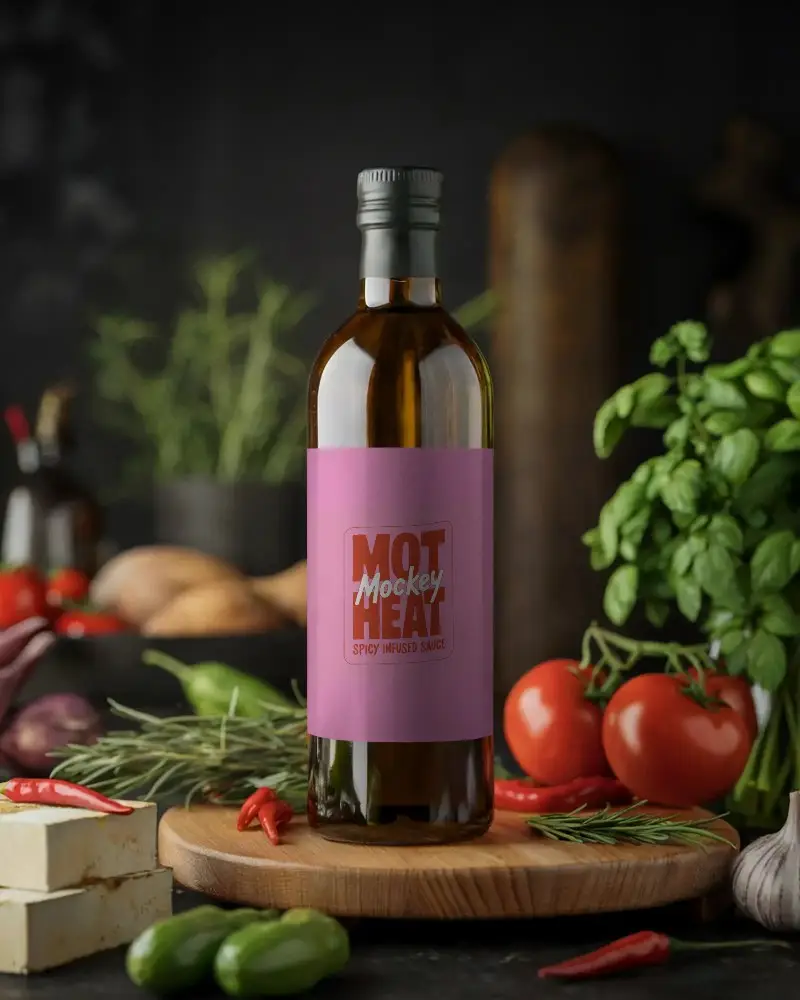 Premium Glass Bottle Mockup For Olive Oil Or Vinegar Packaging On Wooden Surface