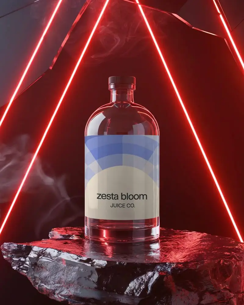 Premium Clear Glass Bottle Mockup With Minimalist Label On Rocky Surface And Neon Light