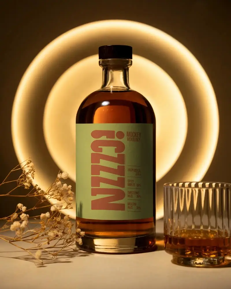 Realistic Alcohol Bottle Mockup On Neutral Background With Soft Glowing Light Effects