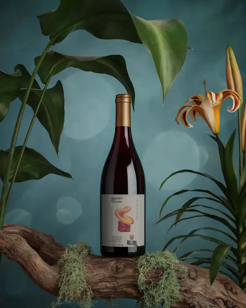 Elegant Wine Bottle Mockup With Natural Elements For Branding And Packaging Design