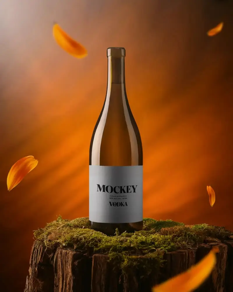 Elegant Bottle Mockup On Natural Wooden Surface With Floating Petal Background