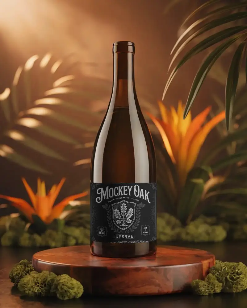 Realistic Glass Wine Bottle Mockup For Branding And Packaging Showcase On Wood Base