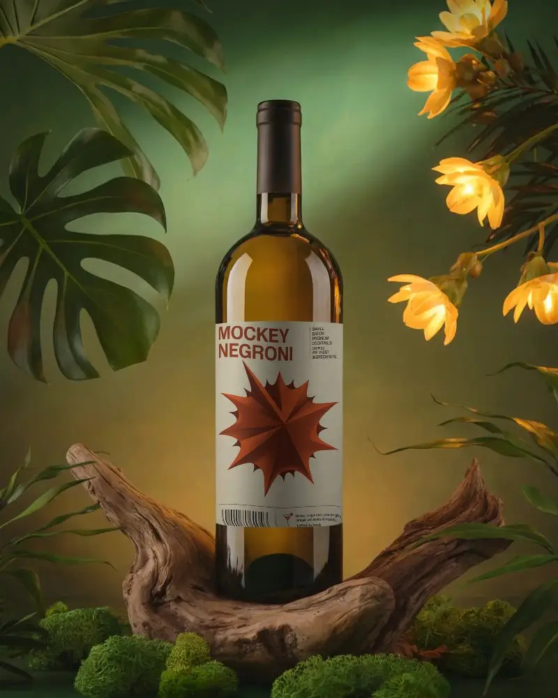 Elegant Wine Bottle Mockup With Blank Label On Natural Wooden Stand And Floral Background