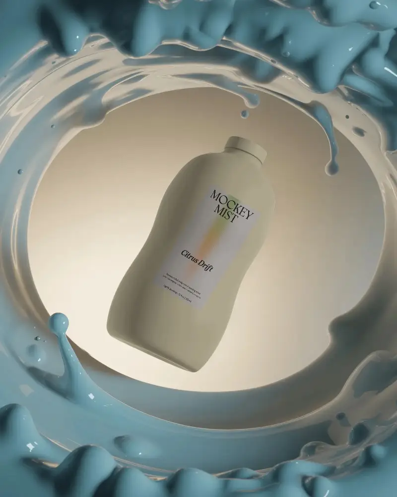 Modern Bottle Mockup Rendered In Splash Surround For Cosmetic Product Presentation