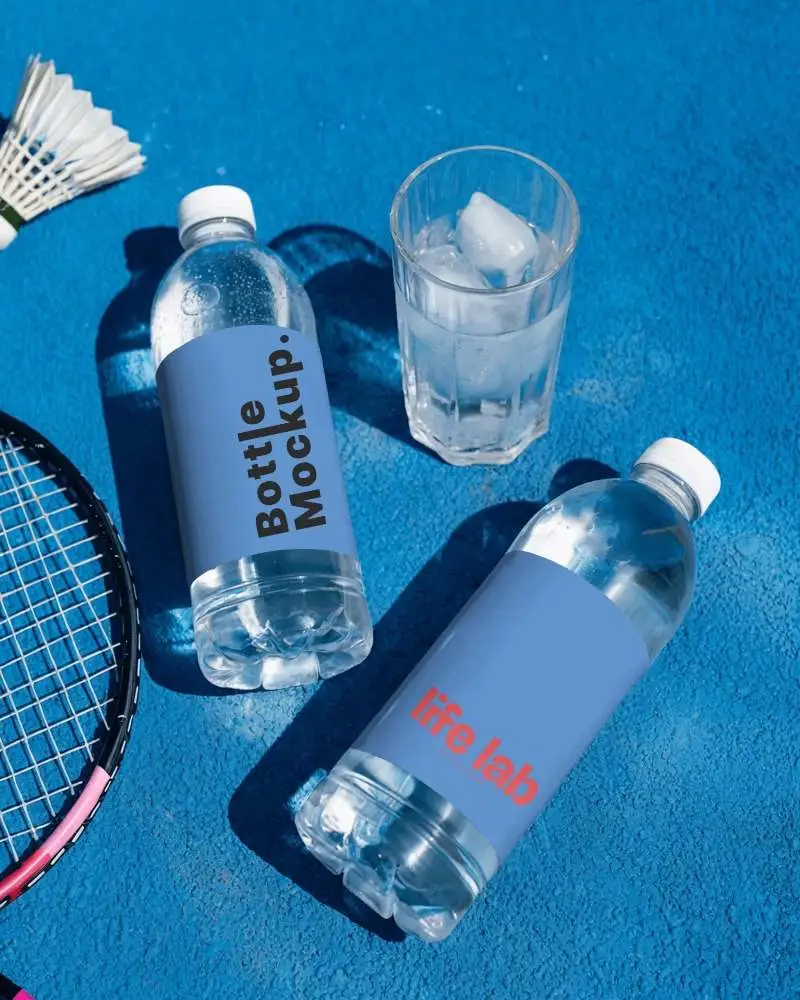 Realistic Clear Plastic Water Bottle Mockup For Sports Drinks Promotion Blue Court Background