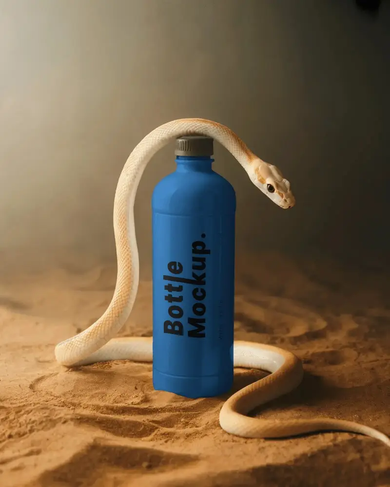 Sleek Modern Bottle Mockup On Natural Sand Texture With Coiled Serpent Design Style