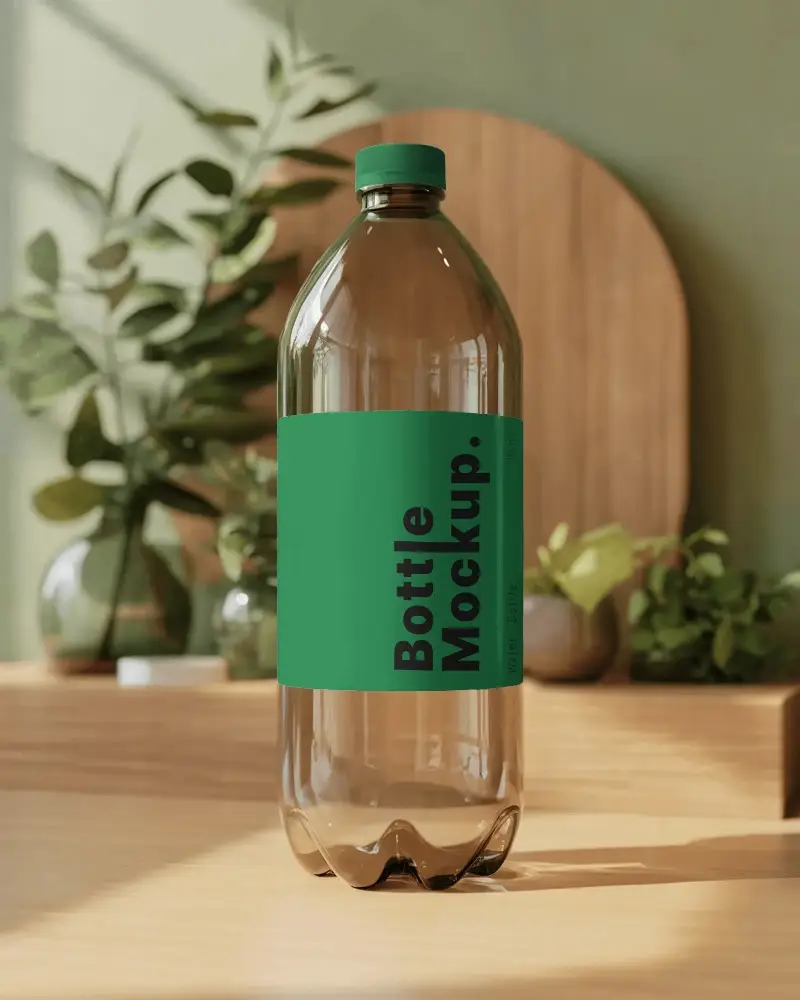 Clear Plastic Beverage Bottle Mockup With Custom Label Design For Branding Presentation