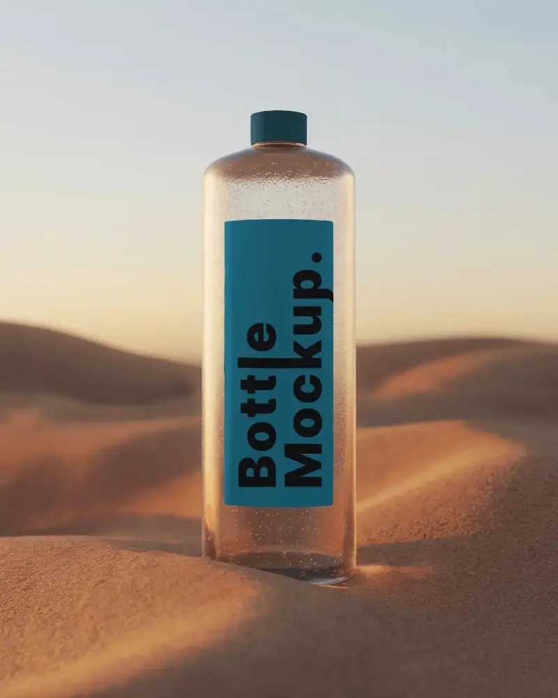 Transparent Plastic Bottle Mockup With Matte Black Cap In Desert Environment Background