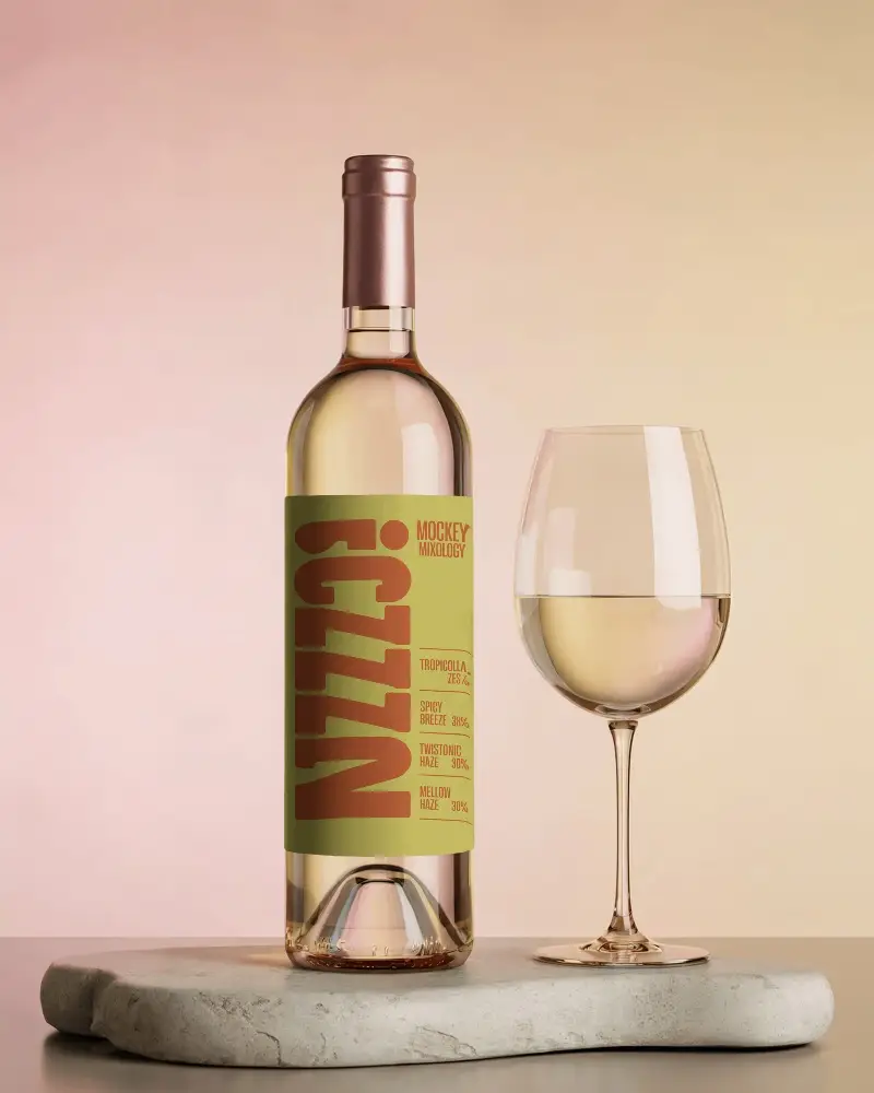 Elegant Wine Bottle Mockup With Full Glass Drink Display On Stone Surface Background