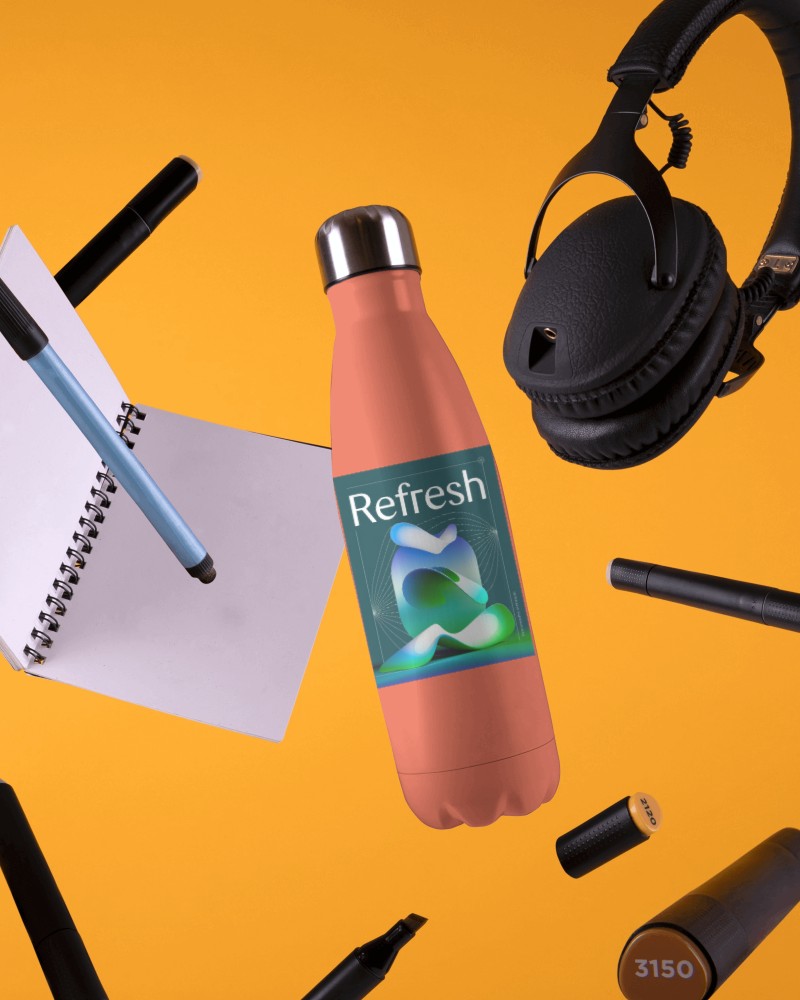 Floating White Bottle Mockup With Orange Background And Assorted Accessories