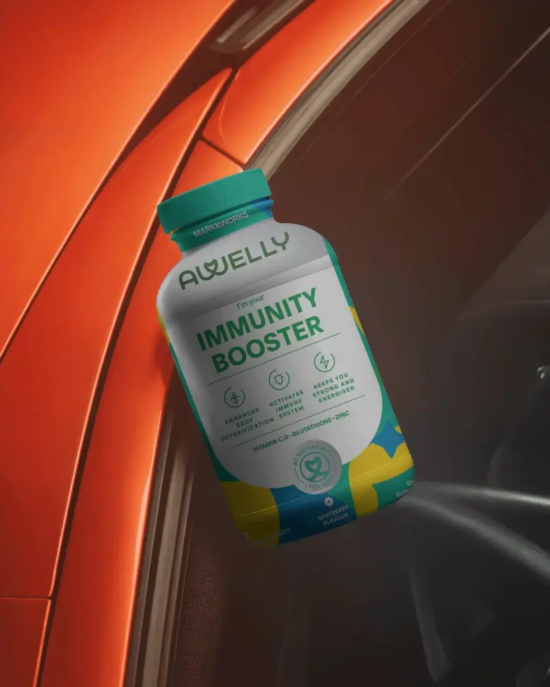 Premium Protein Supplement Container Floating Against Modern Vehicle Window Background Mockup